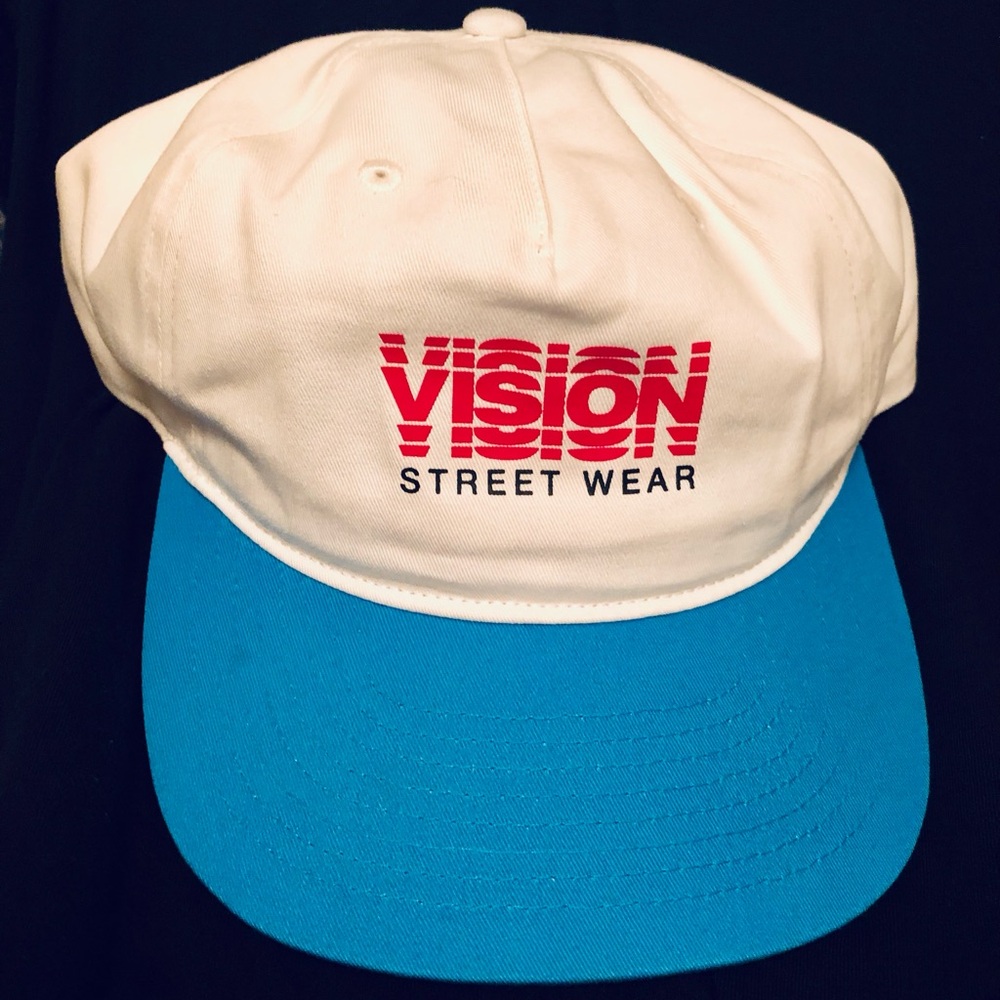 Vision Street Wear Retro Style White and Teal Blue Baseball Hat Skate Cap